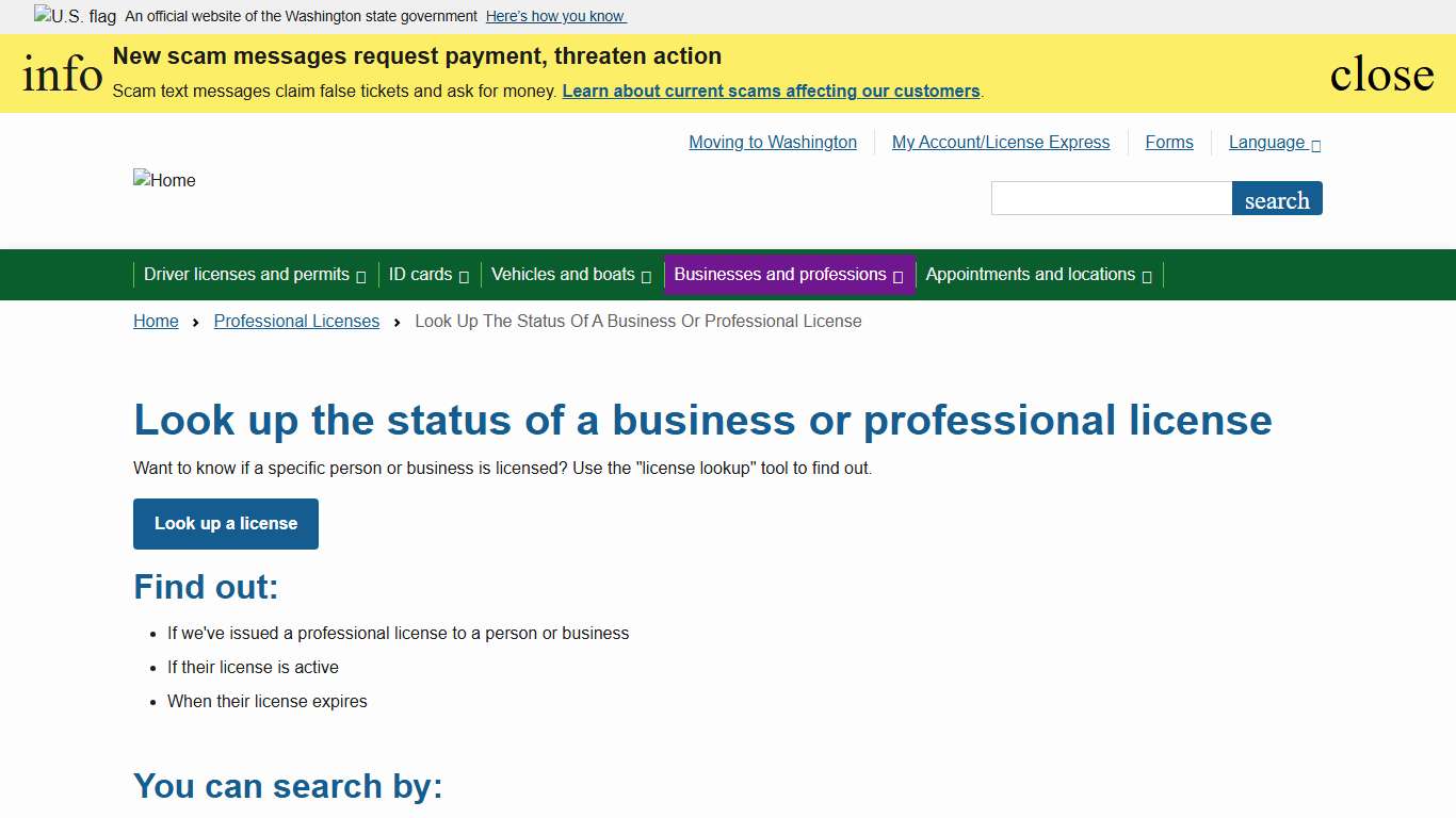Look up the status of a business or professional license | Washington State Department of Licensing